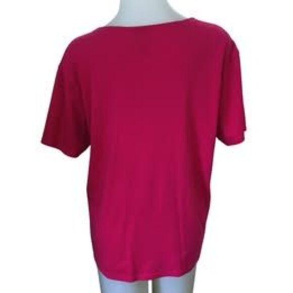 Vintage 1990s Bright Fuchsia Pink T-Shirt, Floral Embroidery, Beads, Medium - Picture 3 of 4